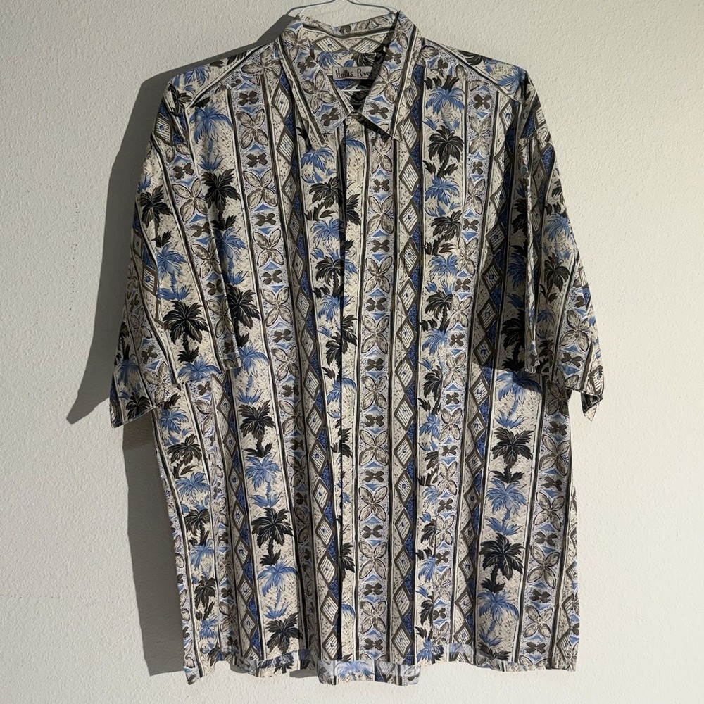 Hollis River Mens XXL Hawaiian Shirt Blue Tan Palm Tree Tropical Button Up